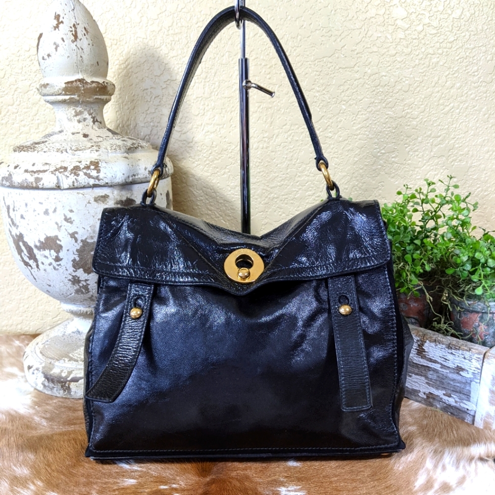 Vtg Yves Saint Laurent Muse 2 Patent Suede Bag